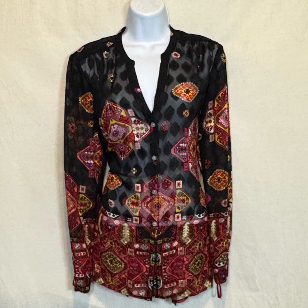 G-83 Ruby Rd. Black & Red Sheer Long‎ Sleeve Button Down Blouse Size 8